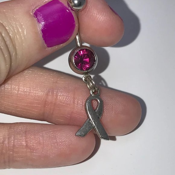 Hot Pink Awareness Ribbon Dangle Belly Ring - Picture 2 of 10